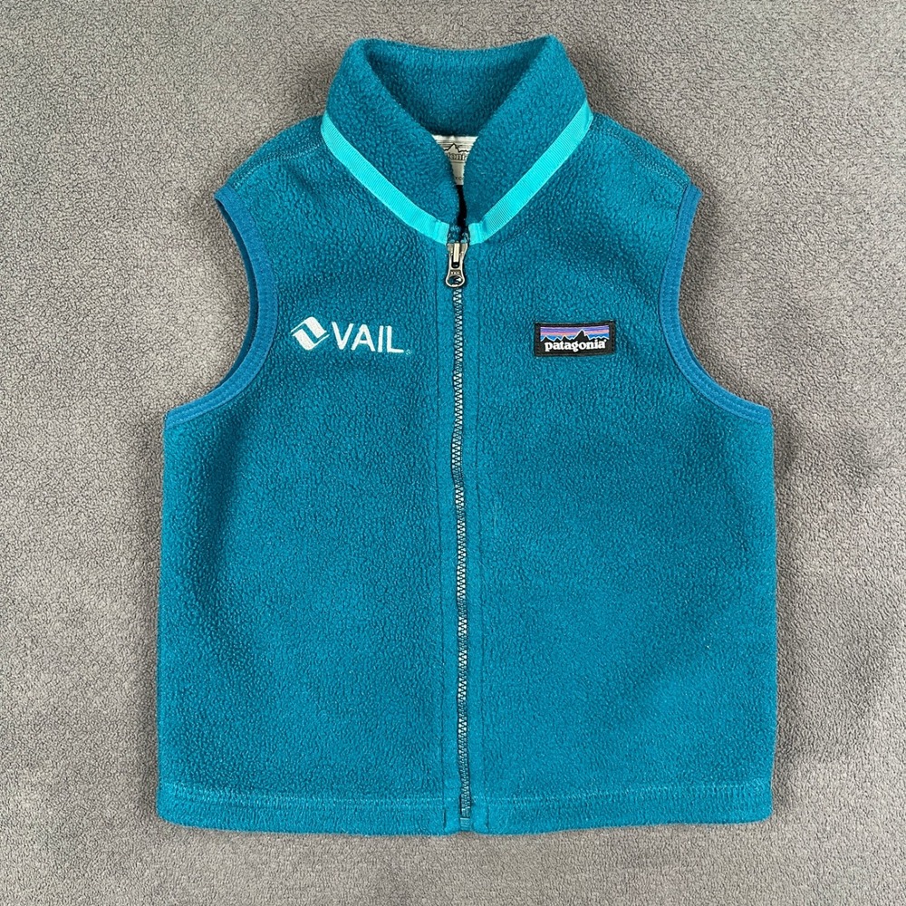 Patagonia Baby Synchilla Fleece Vest Toddler 2T Teal Blue Vail Logo Full Zip